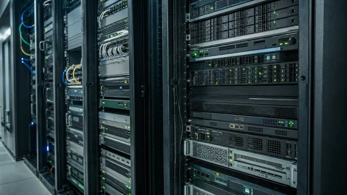 Well-maintained enterprise server racks with mixed hardware generations and green indicator lights showing active operation