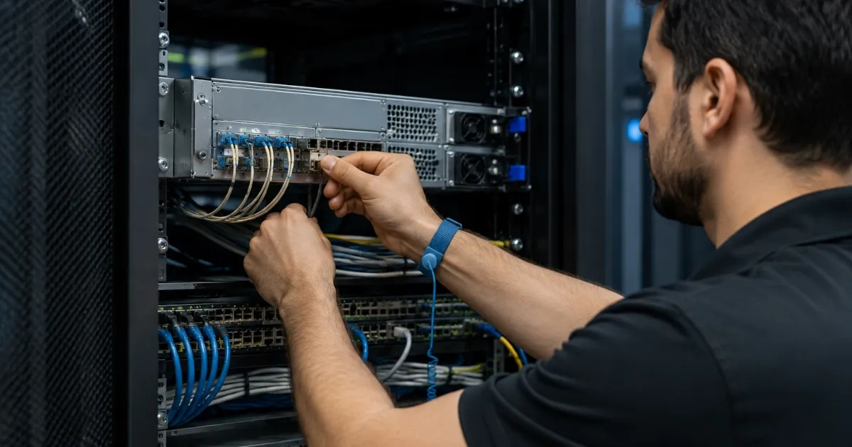 Top-of-rack network switches and cabling in an enterprise data center aisle