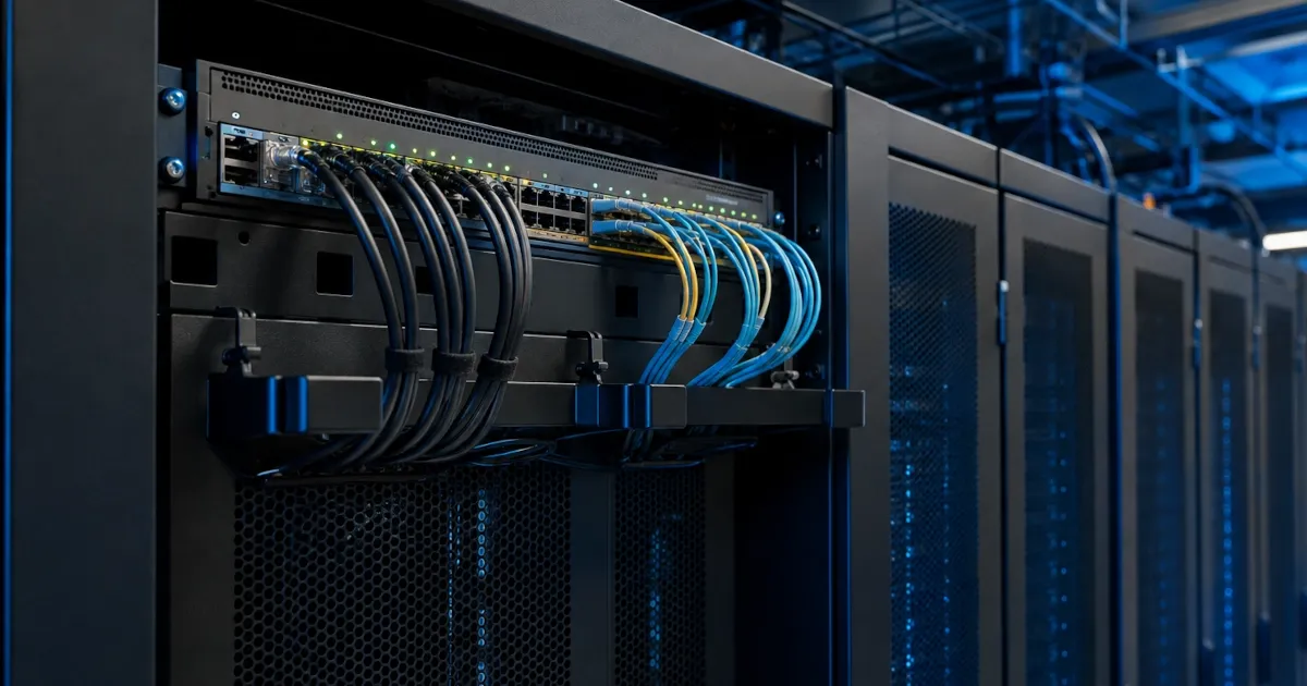 Data center technician performing hardware maintenance on a rack-mounted network switch
