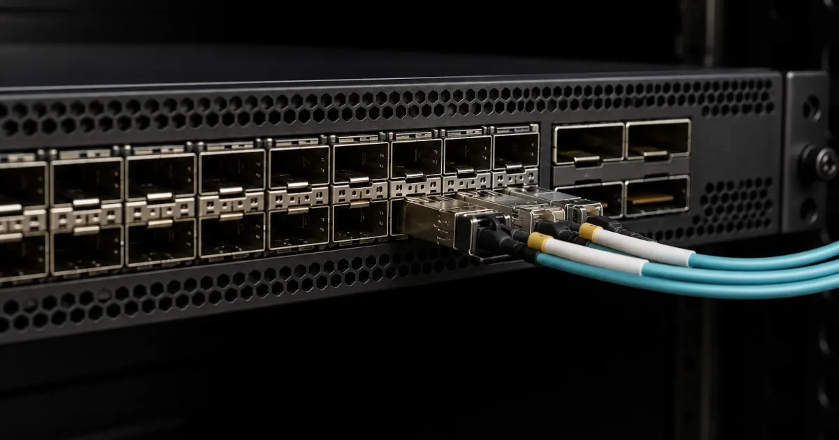Close-up of SFP+ and QSFP uplink ports on a top-of-rack network switch