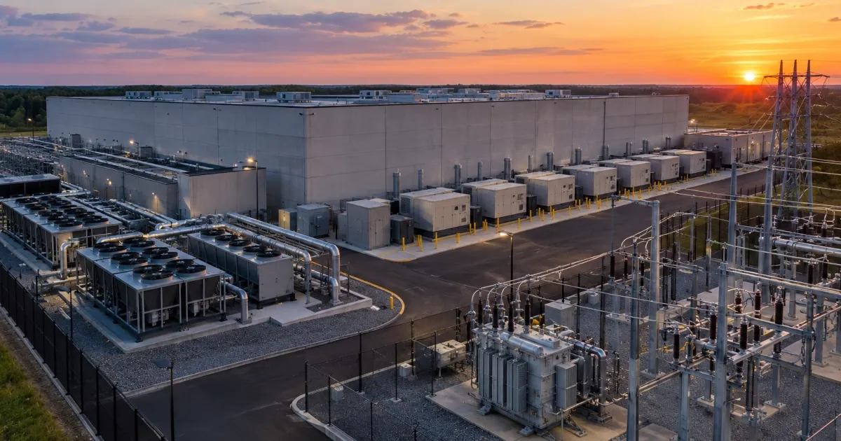 Data center campus at dusk with substation transformers and cooling equipment, illustrating data center construction costs