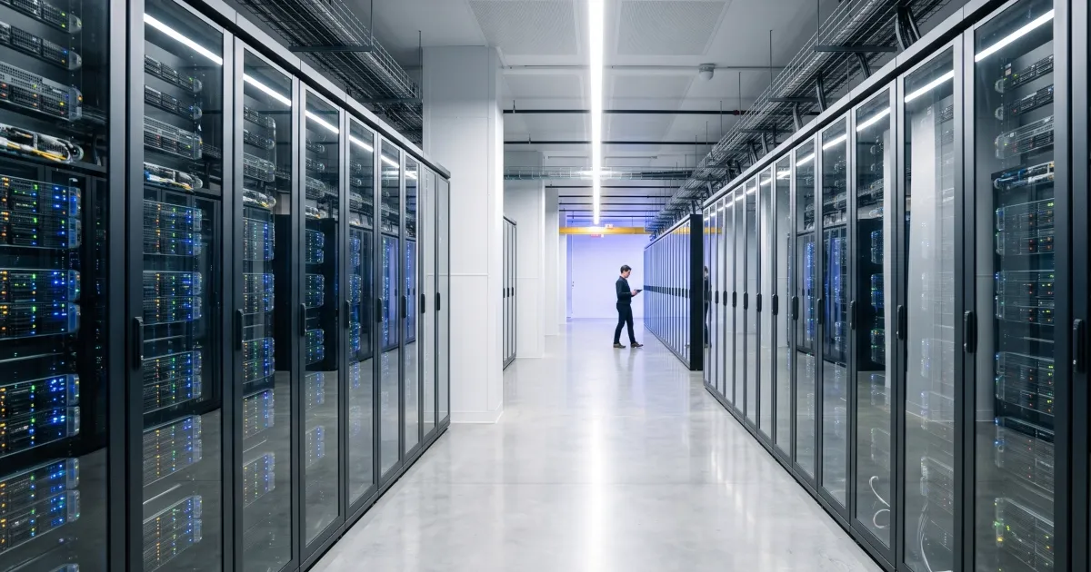 Data center corridor with newly installed server racks powered on and active