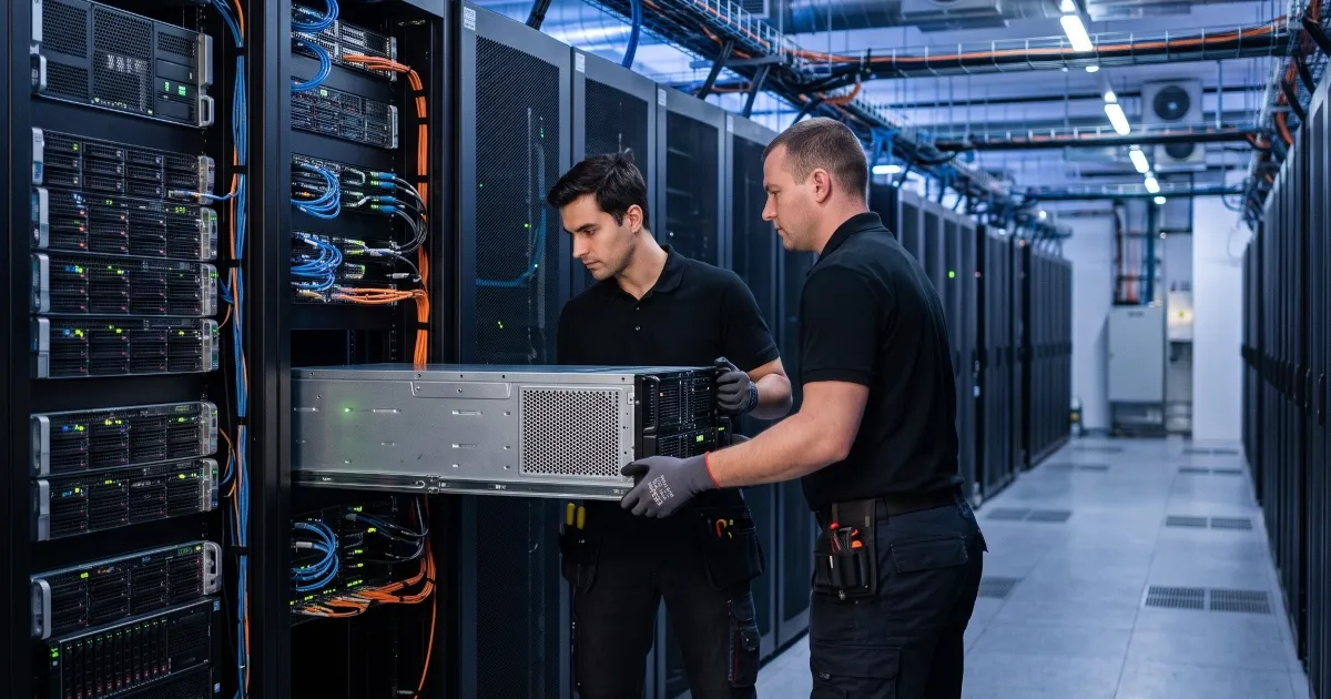 Technicians removing a GPU server unit from a data center rack during decommissioning