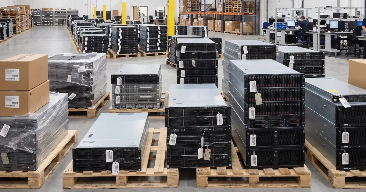 Decommissioned rack servers stacked on pallets in a warehouse staging area for IT asset disposition