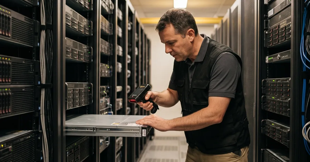 IT technician scanning server serial number barcode in a data center rack aisle