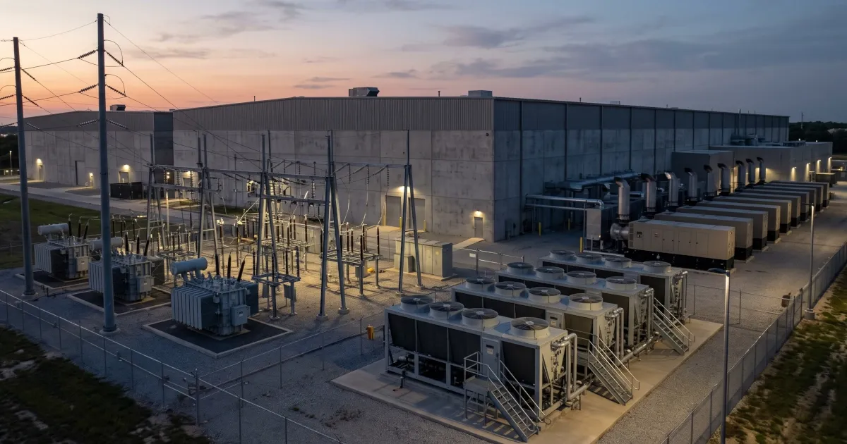 Data center exterior with substation transformers, chillers, and backup generators at dusk