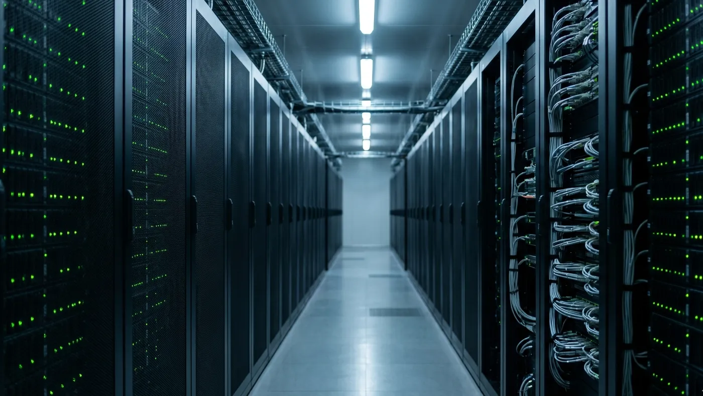 Active data center server racks with green status LEDs representing live GPU infrastructure