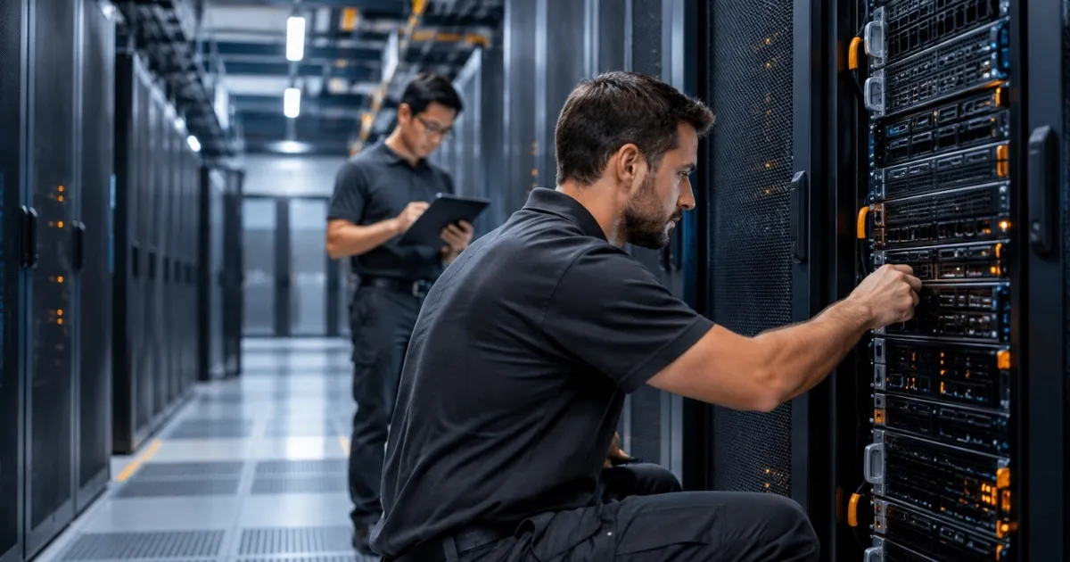 Two data center technicians in a server aisle, one kneeling to service a rack-mounted server while the other reviews a tablet