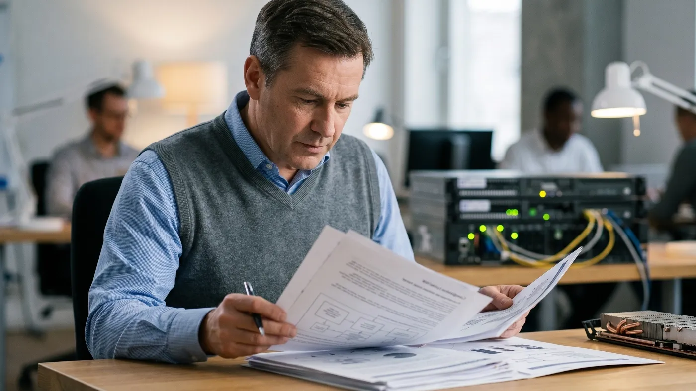 IT procurement professional reviewing EAR/BIS compliance documentation for enterprise GPU purchase