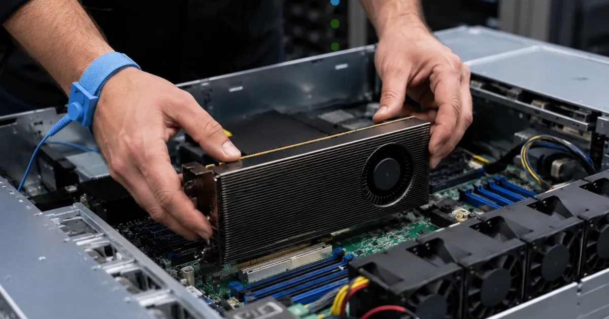 Technician installing a GPU card into an open enterprise server chassis