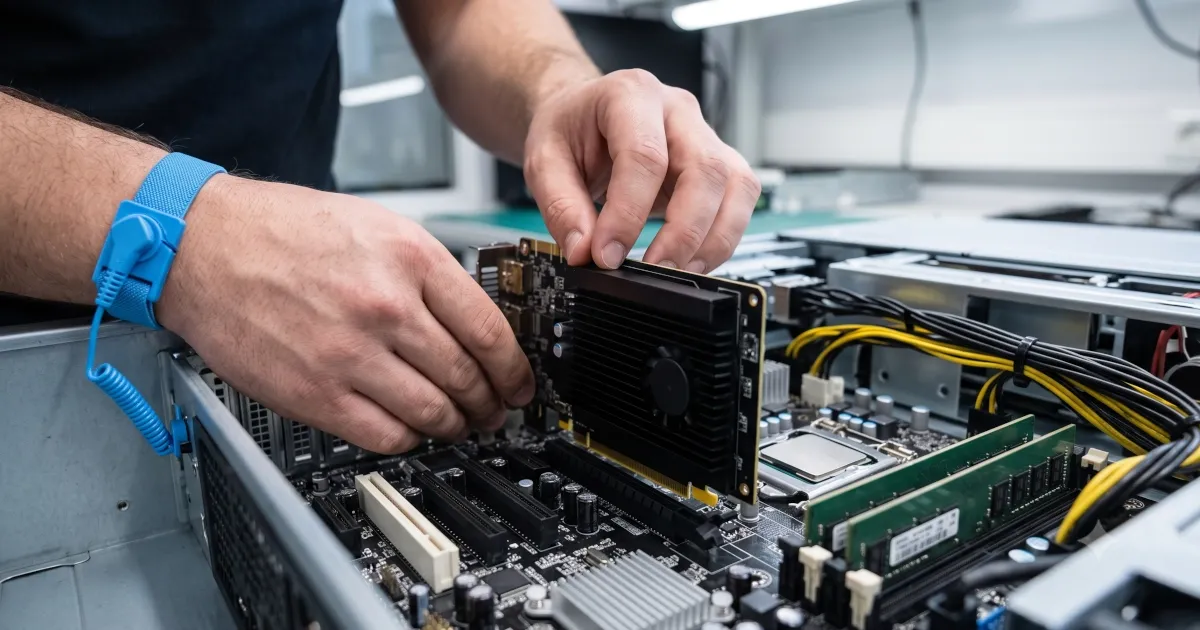 Technician installing a GPU into a server chassis