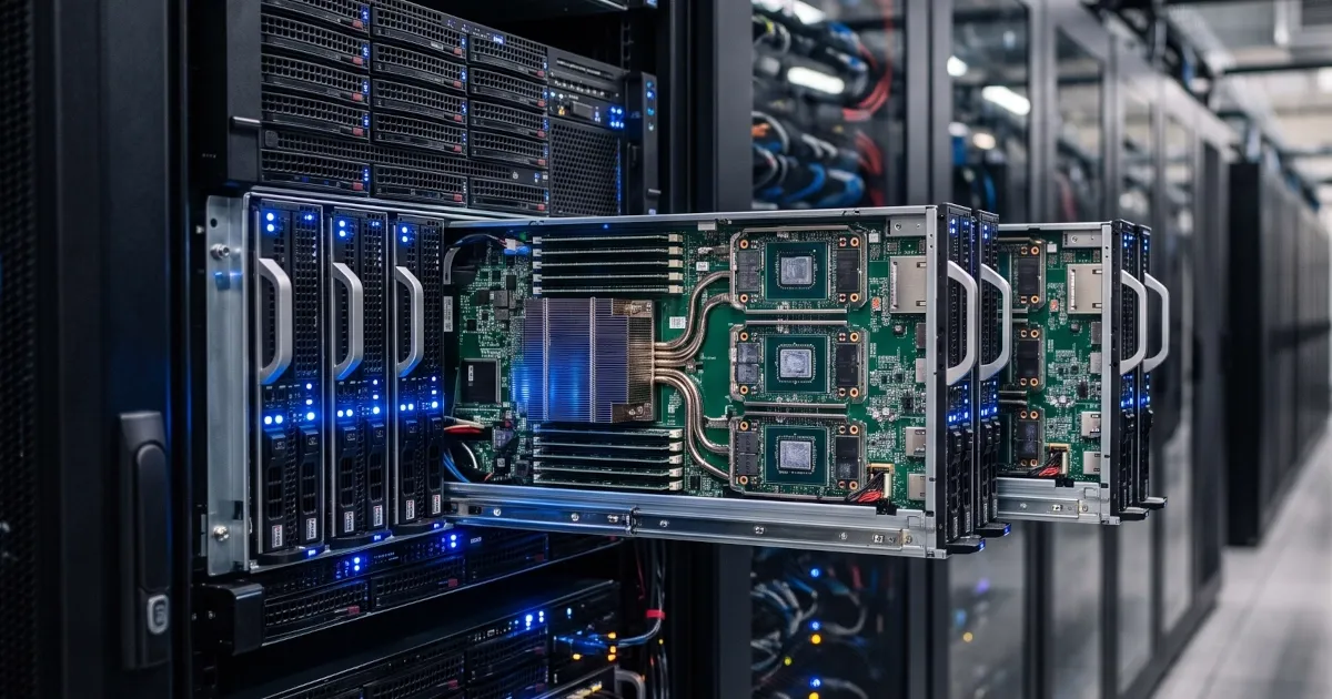 Data center server rack with GPU-equipped enterprise servers and blue indicator lights