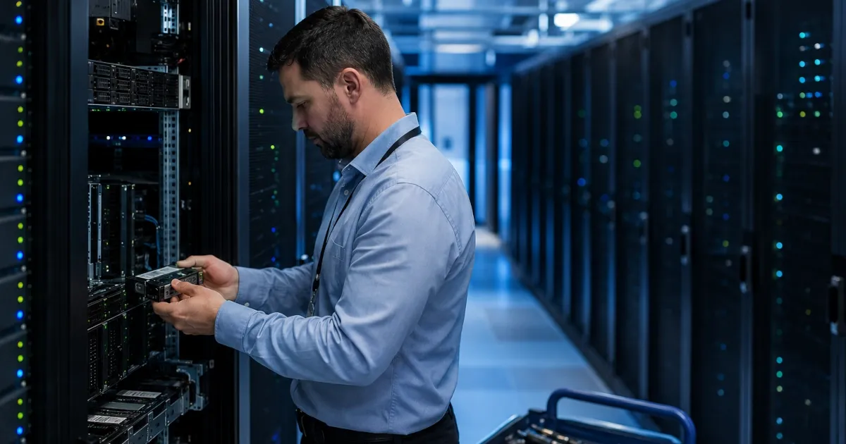 IT engineer servicing an open server rack in a data center with a hard drive in hand