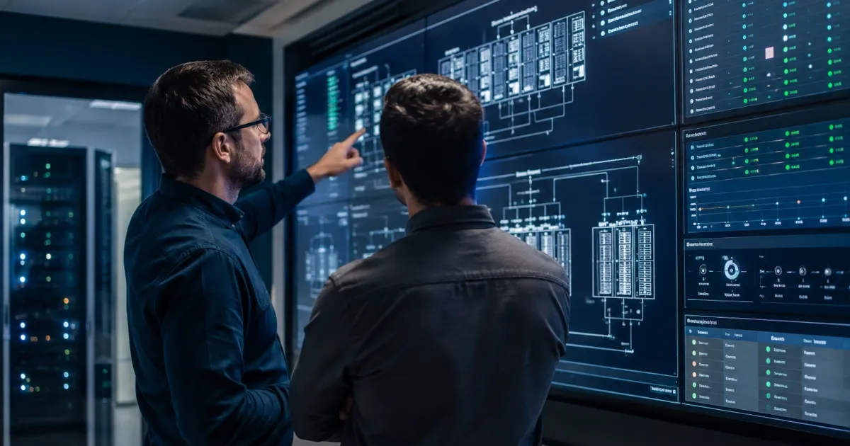 IT professionals reviewing infrastructure status dashboards in a network operations center