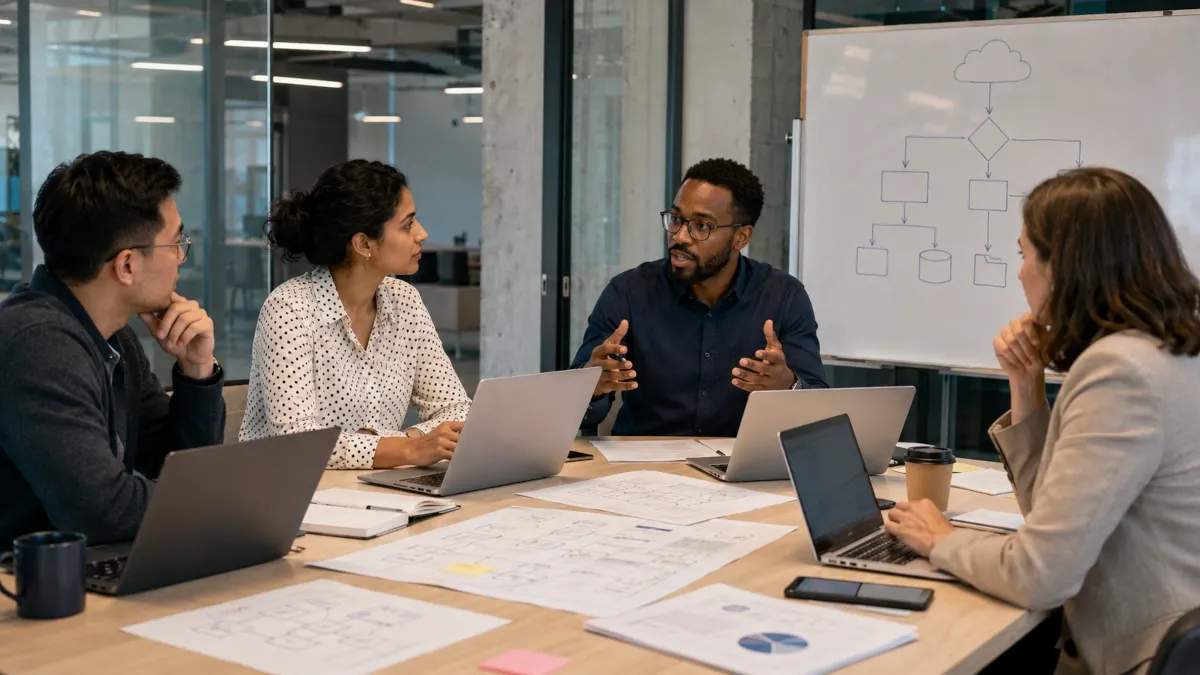 IT professionals and a business stakeholder collaborating around a table with laptops and a cloud migration decision flowchart