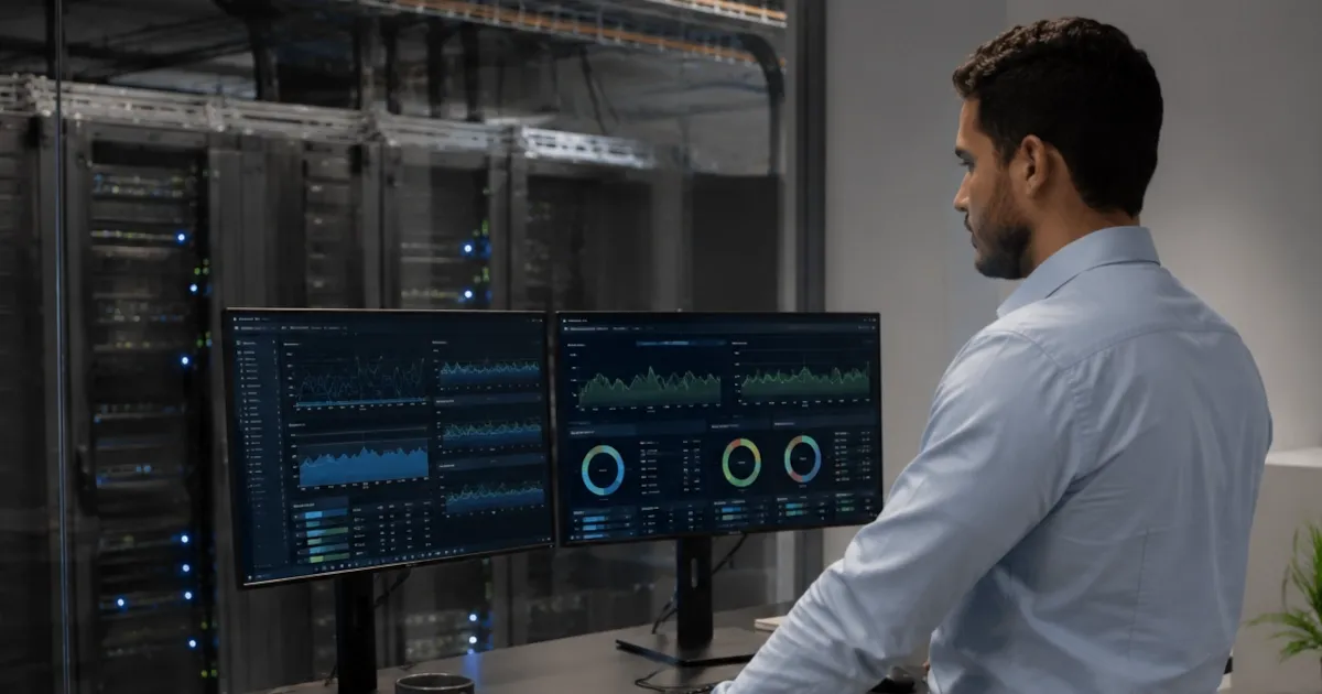 IT administrator reviewing server performance charts on monitors before a hardware purchase