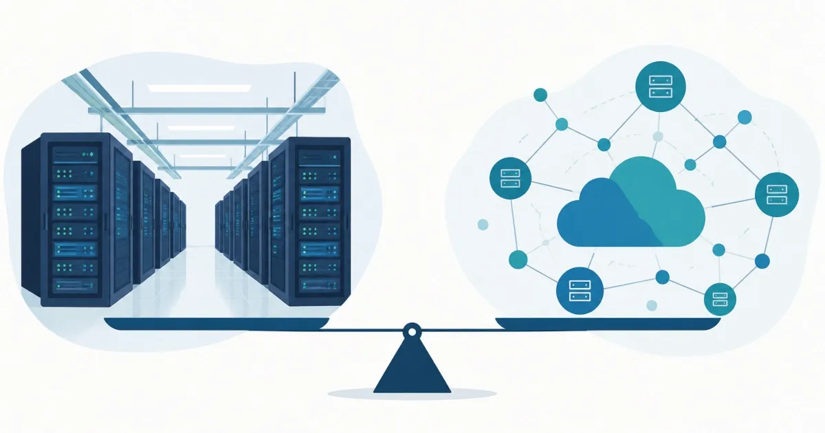 Split illustration comparing an on-premises server room with a cloud network