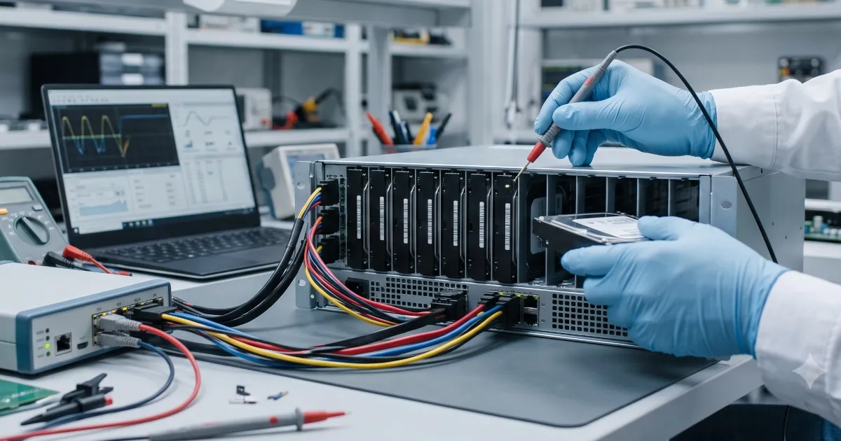 Technician testing a refurbished storage drive shelf on a workbench in a lab