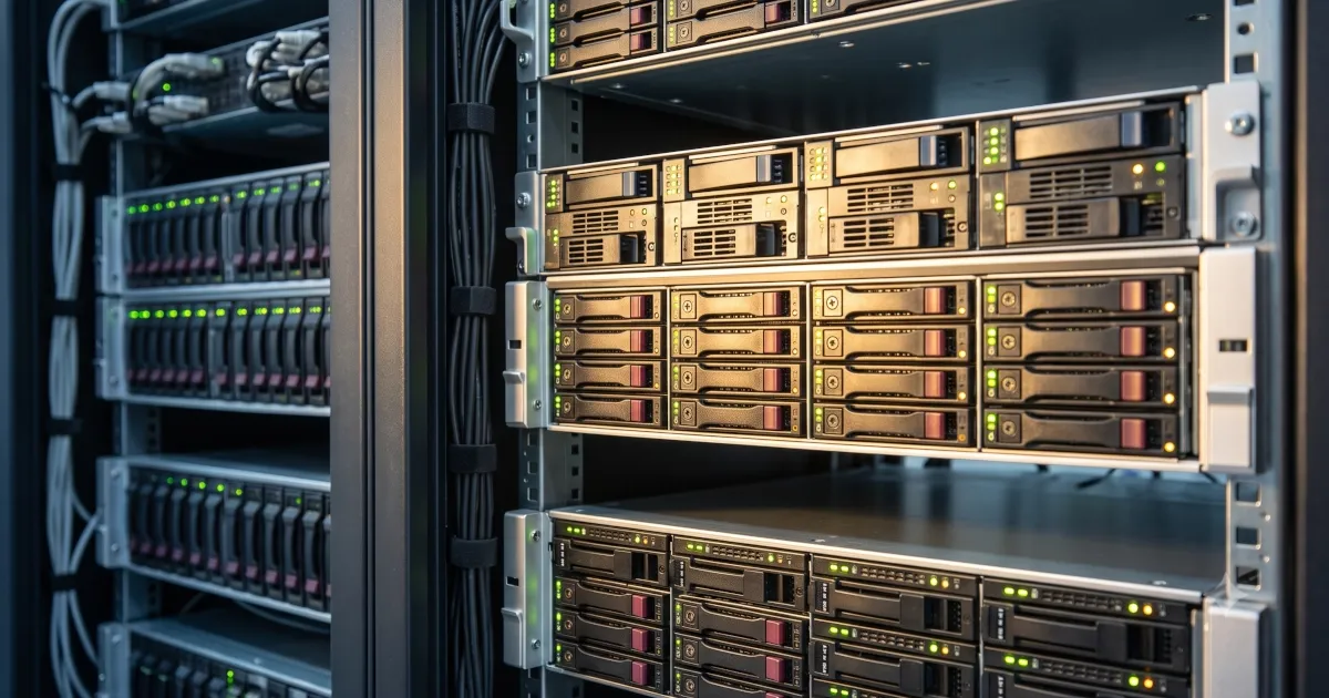 Rows of SAN storage arrays in a data center aisle with illuminated drive bays