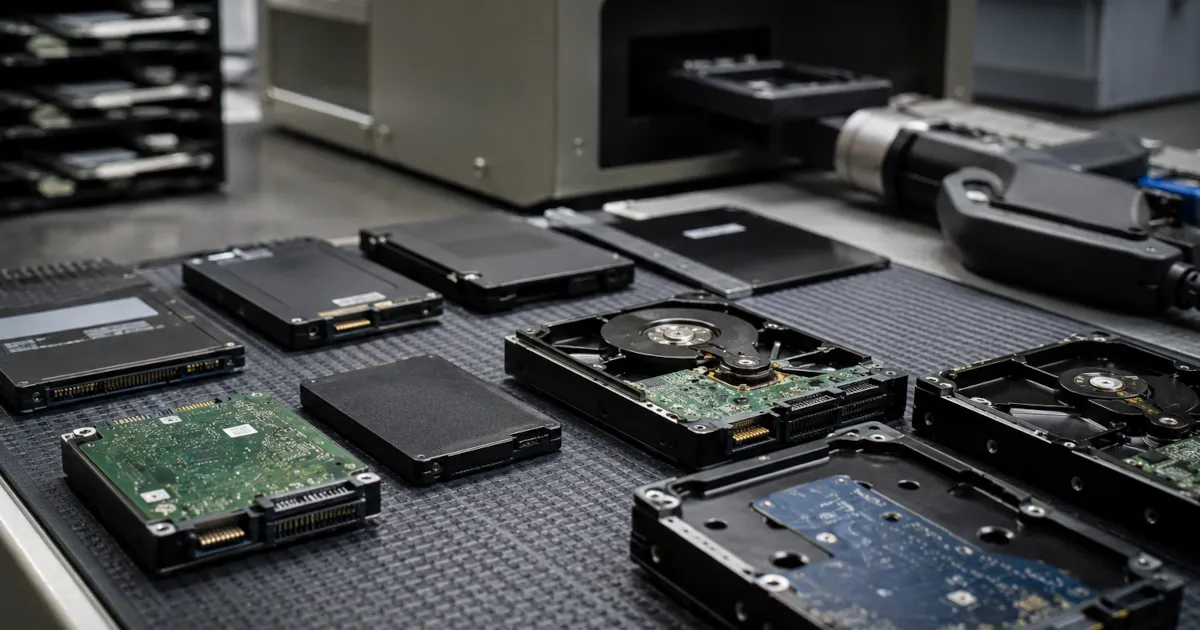 Removed server hard drives and solid-state drives staged for NIST 800-88 data sanitization and destruction