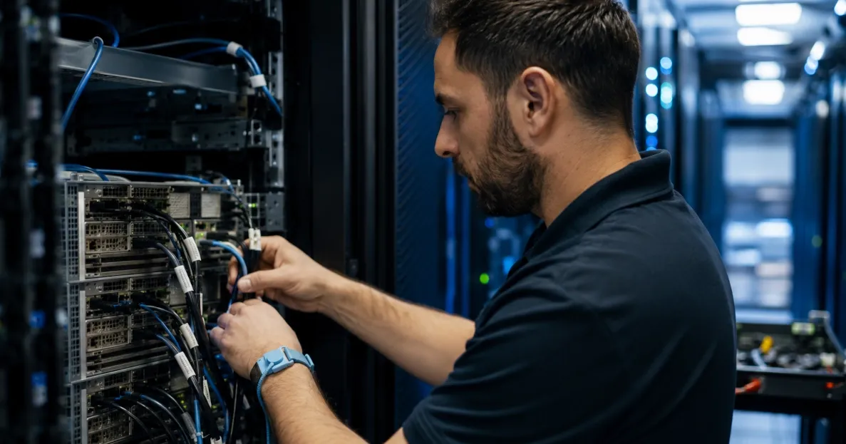 Data center technician disconnecting and labeling cables while decommissioning a rack-mounted server