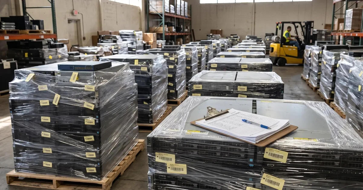Palletized and tagged decommissioned servers staged in a warehouse for certified ITAD transport with chain of custody
