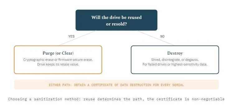 Flowchart showing whether to purge or destroy a drive based on whether it will be reused or resold