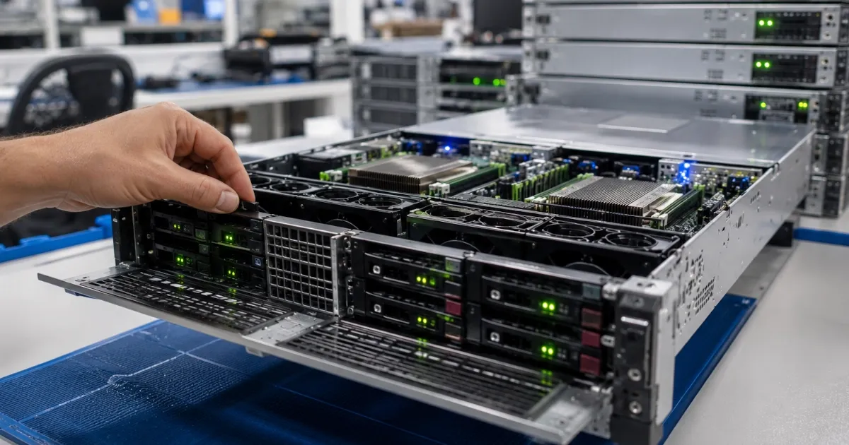 Technician testing a refurbished rack server with green diagnostic lights, prepared for resale after decommissioning
