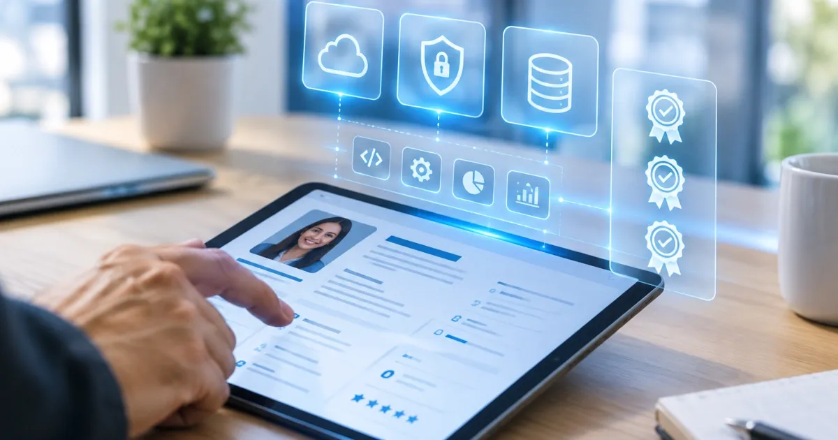 A photorealistic close-up of a hand reviewing a digital candidate profile on a tablet, with holographic certification badges and skill icons for cloud, security, and data floating above it, clean modern office background, no text, no logos, no watermarks.